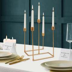 Taper Candle Holder Gold Metal 5-Arm Geometric Candelabra Design - Decorative Piece for Banquets and Celebrations 12"