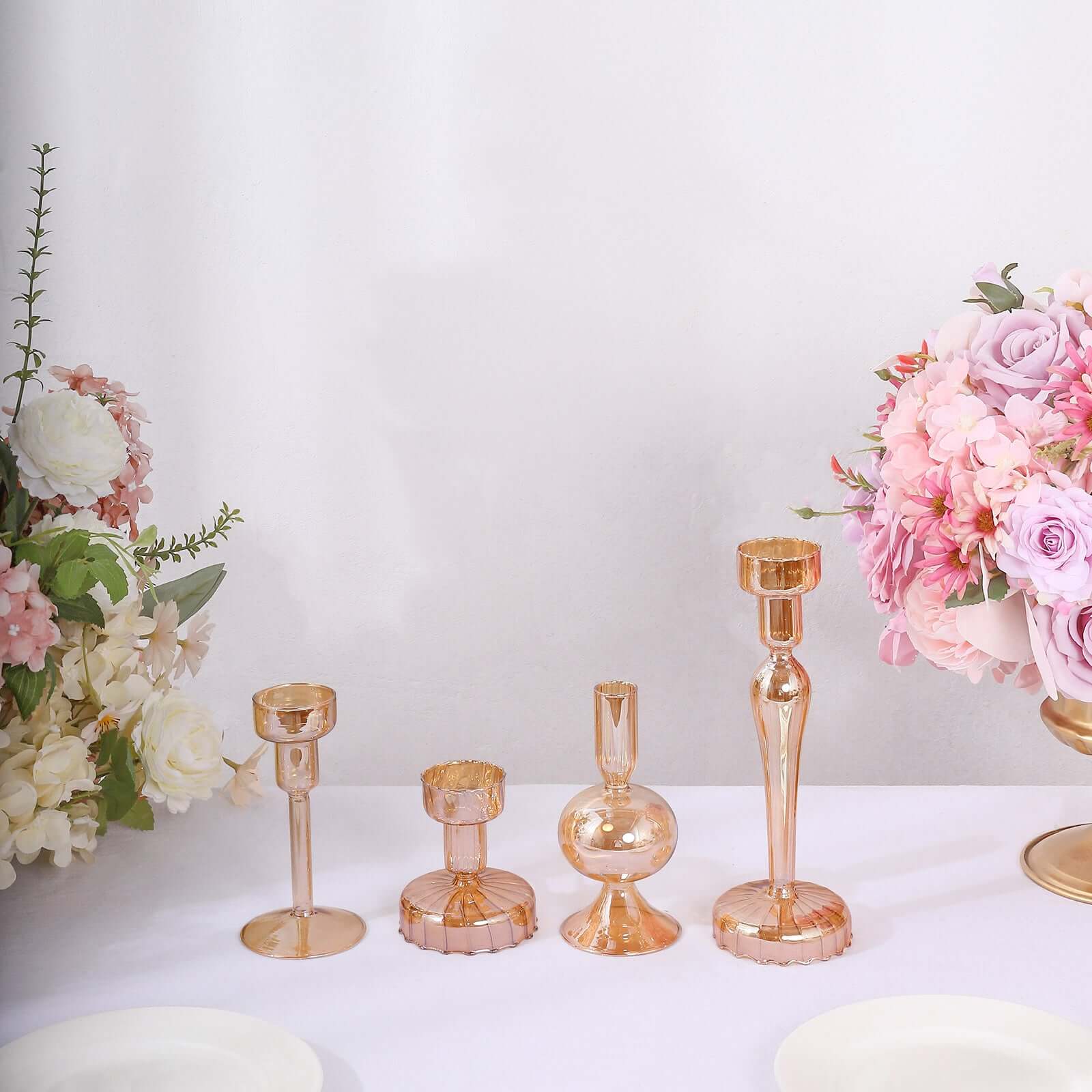 Set of 4 Glass Taper Votive Candle Holders Lined Crystal Design Assorted Amber Gold - Tea Light Stand Set 4", 5.5", 6", 9"