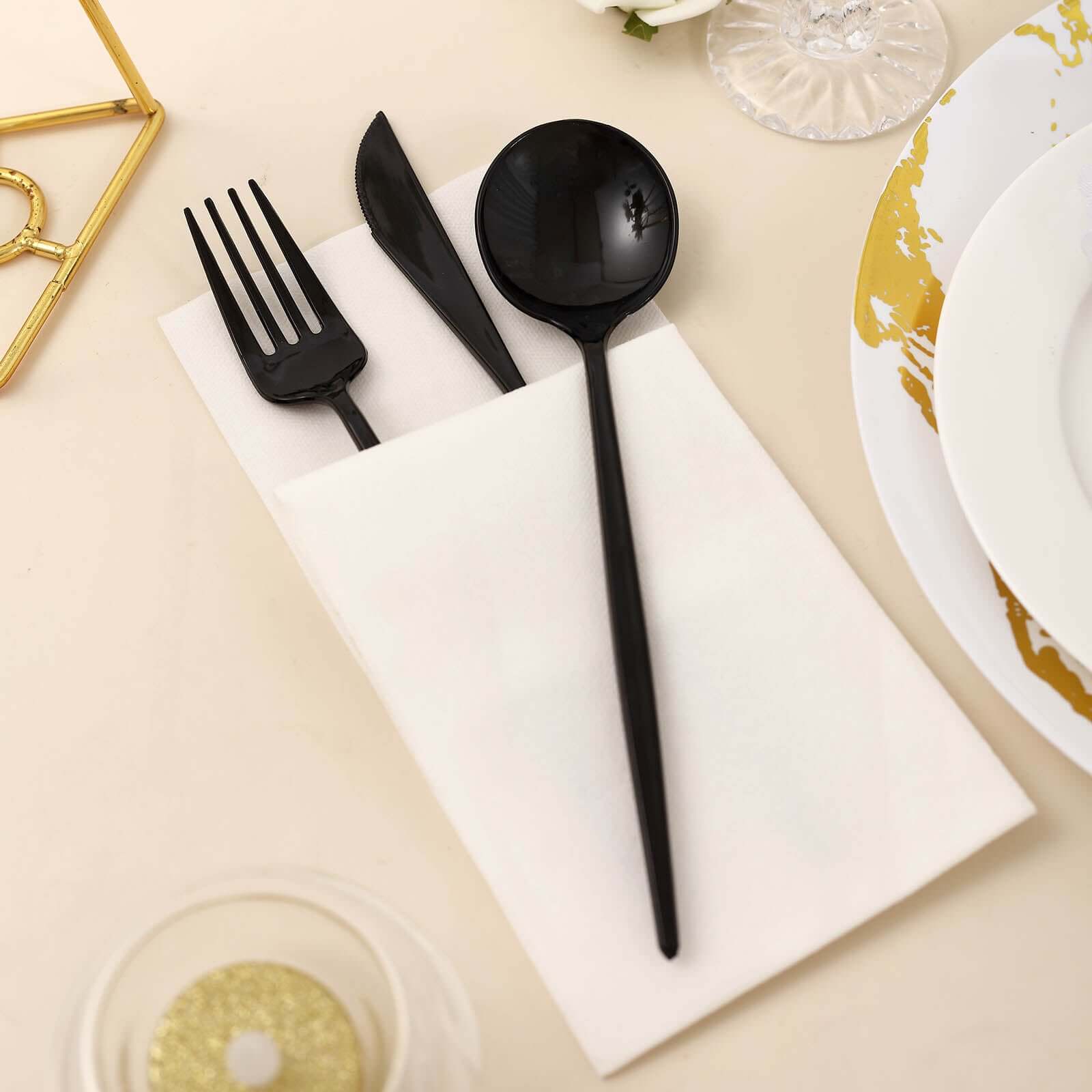 24-Pack Plastic Flatware Set with Sleek Modern Design Black - Premium Disposable Silverware 8"