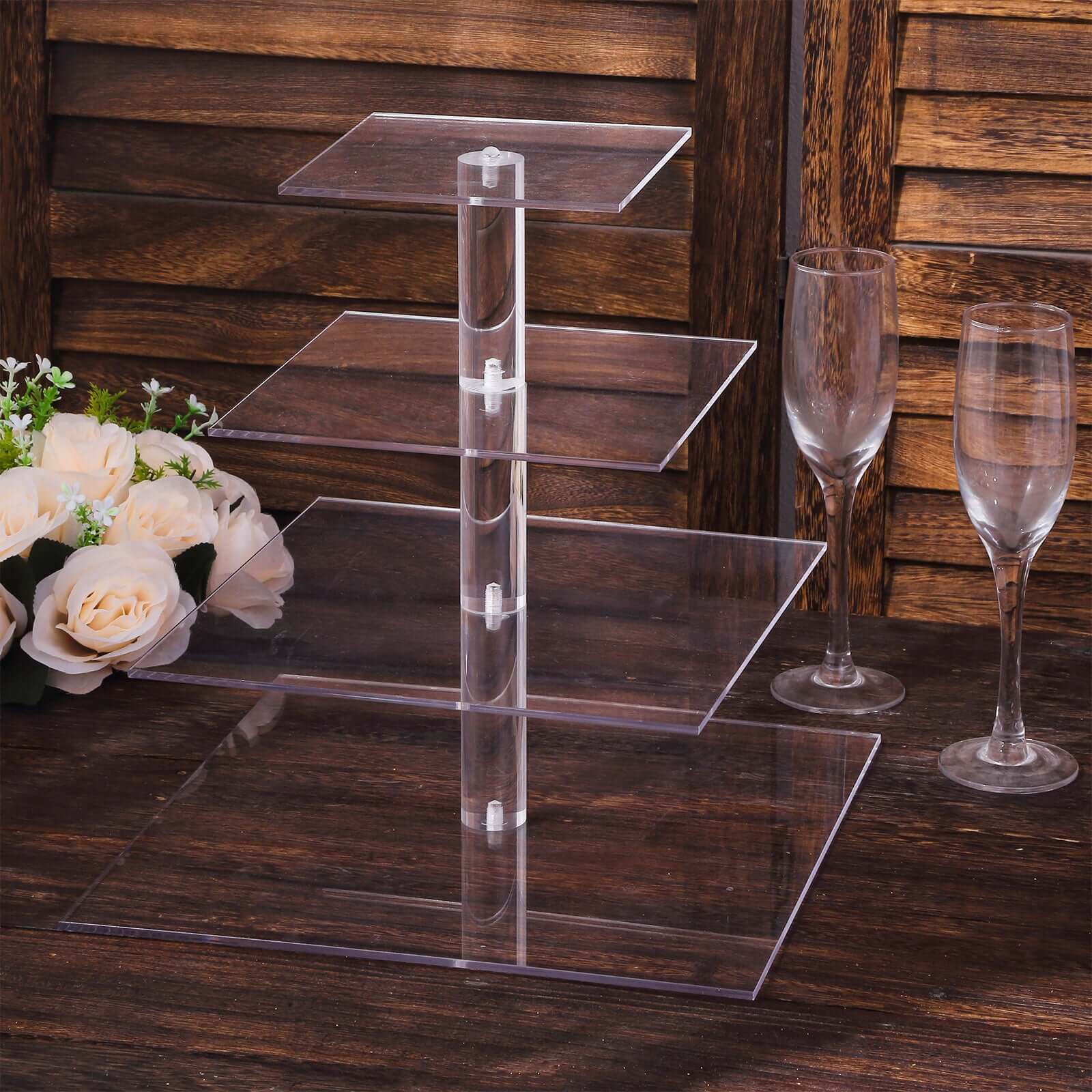 4-Tier Acrylic Square Cupcake Stand Clear - Heavy Duty Dessert Tower Display Holder for Pastries Appetizers & Snacks 12"