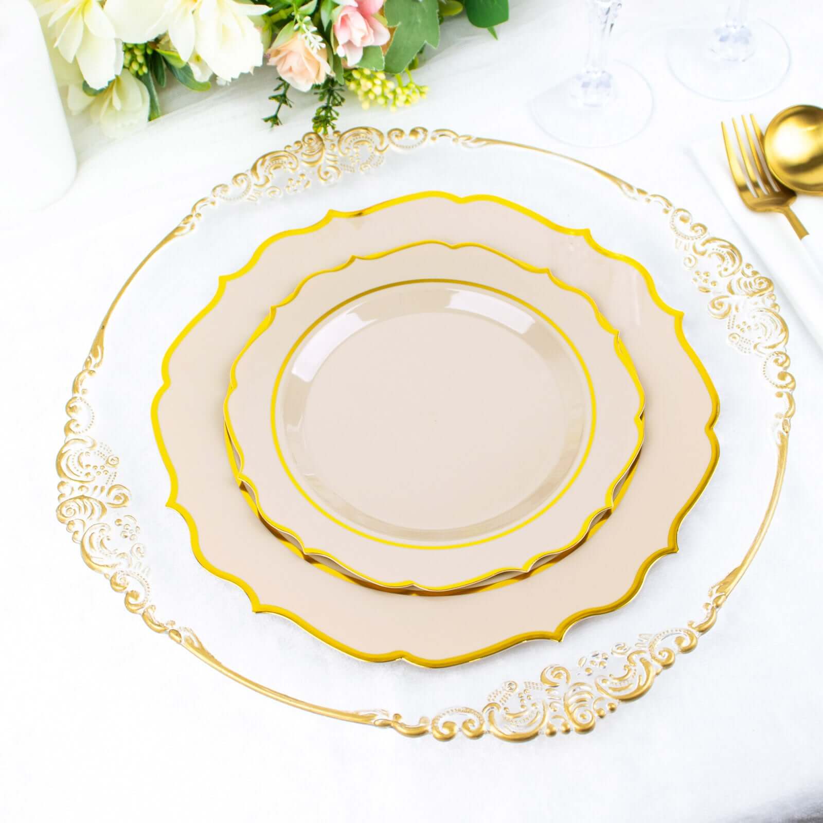 10-Pack Plastic 8" Round Desert Plates in Taupe with Gold Scalloped Rim - Disposable Appetizer/Salad Plates