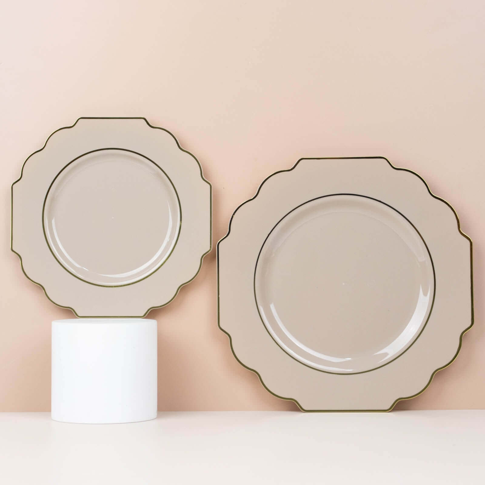 10-Pack Plastic Dinner Plates in Taupe Baroque Design with Scalloped Gold Rim - Heavy Duty Disposable Party Plates 11"