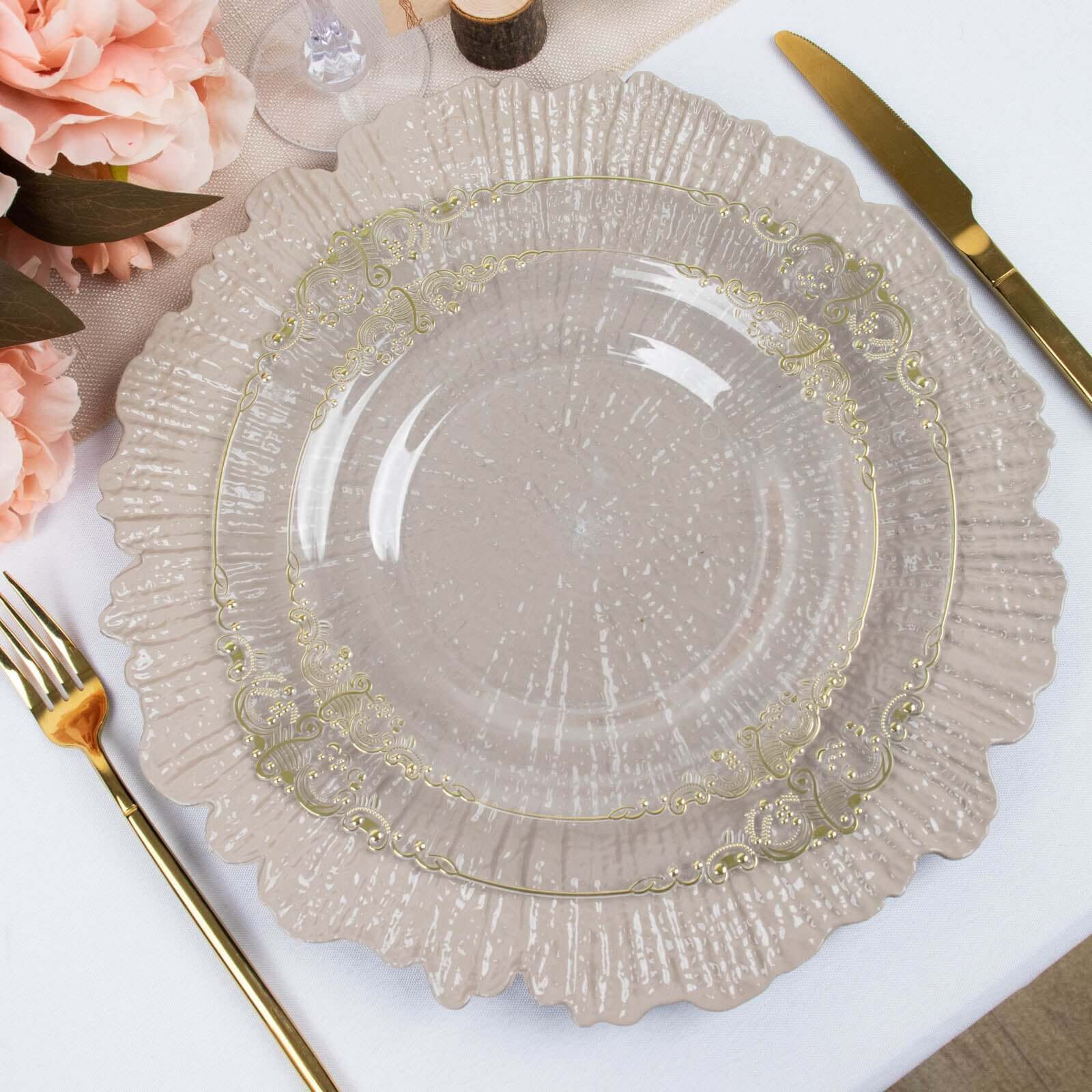 6-Pack Acrylic Plastic Round Charger Plates 13" in Taupe with Reef Design, Dinner Charger Tableware