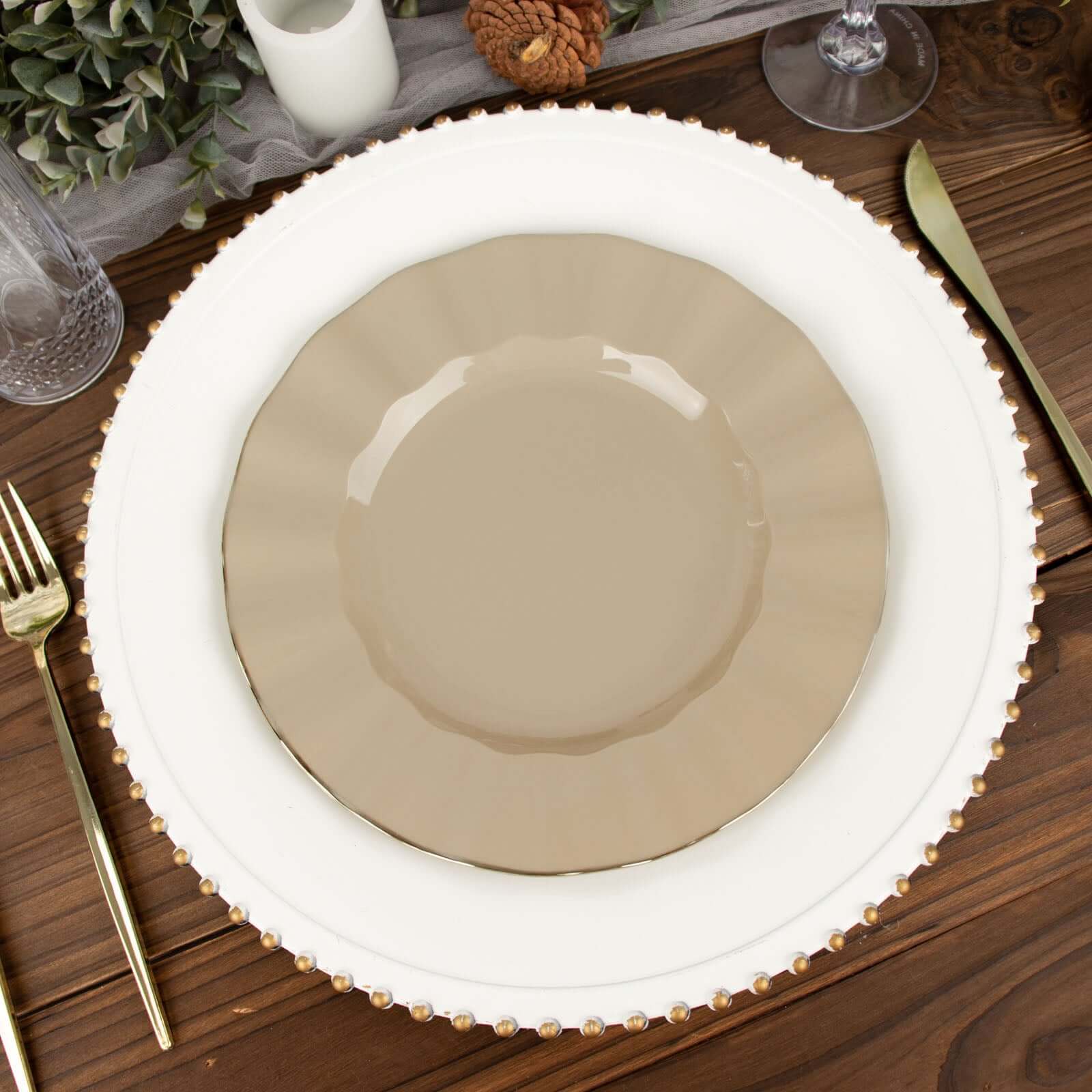 10-Pack Plastic 9" Round Dinner Plates in Taupe Ruffled Rim with Gold Edging - Sturdy Disposable Dinnerware