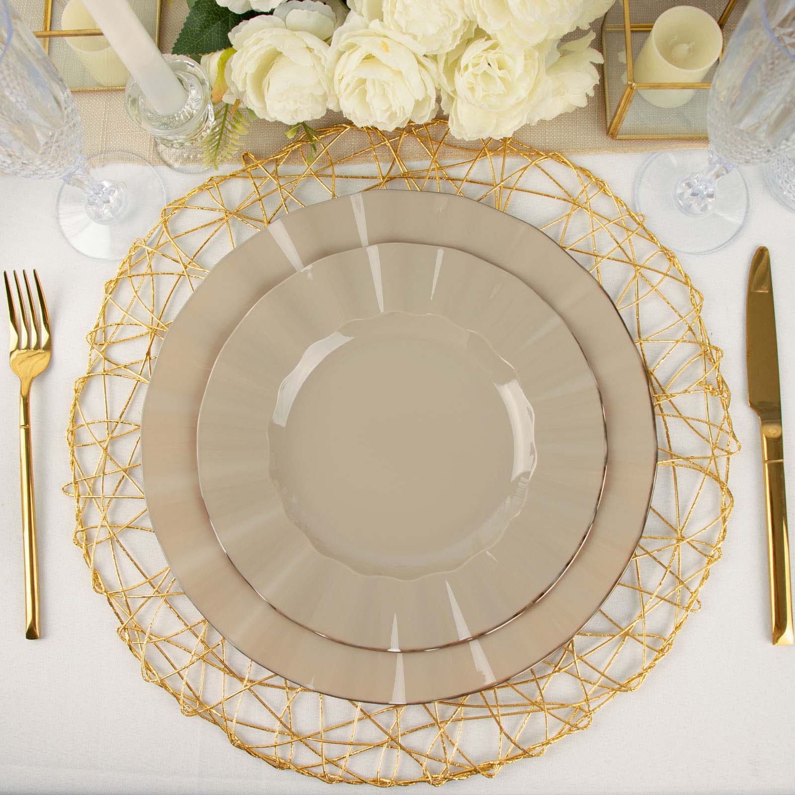 10-Pack Plastic 9" Round Dinner Plates in Taupe Ruffled Rim with Gold Edging - Sturdy Disposable Dinnerware