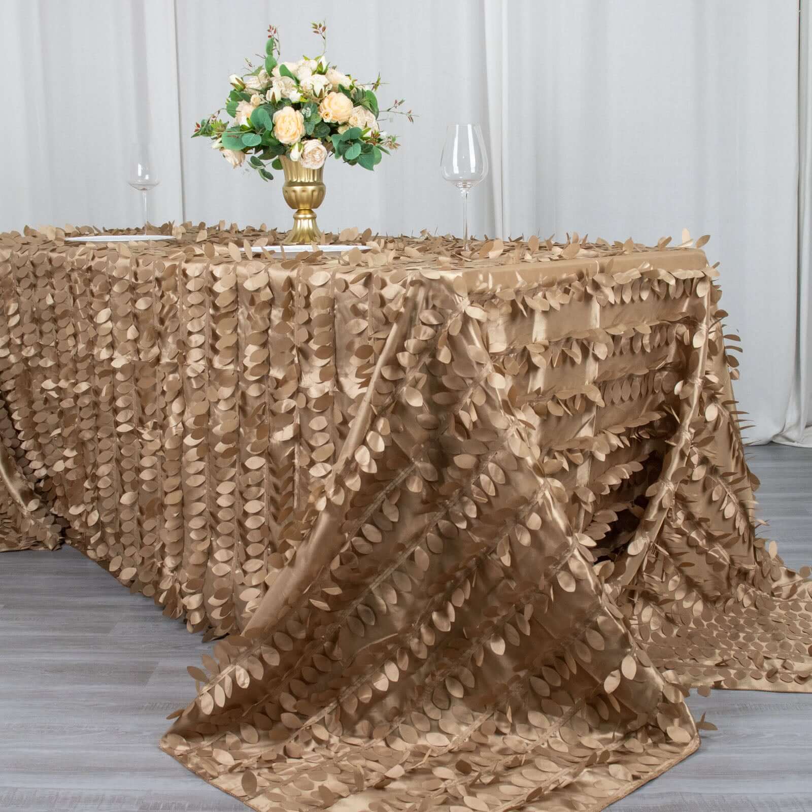 Taffeta 90"x132" Rectangle Tablecloth Taupe | 3D Leaf Petal Design Seamless Table Cover