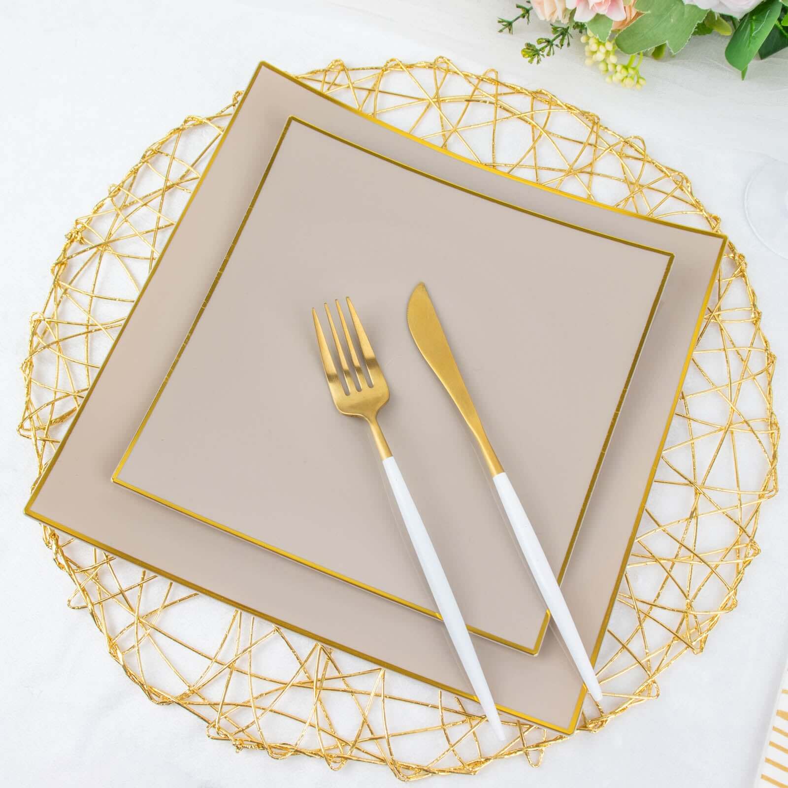 10-Pack Plastic 8" Square Dessert Plates in Taupe Concave Style with Gold Rim - Modern Disposable Salad Appetizer Party Plates