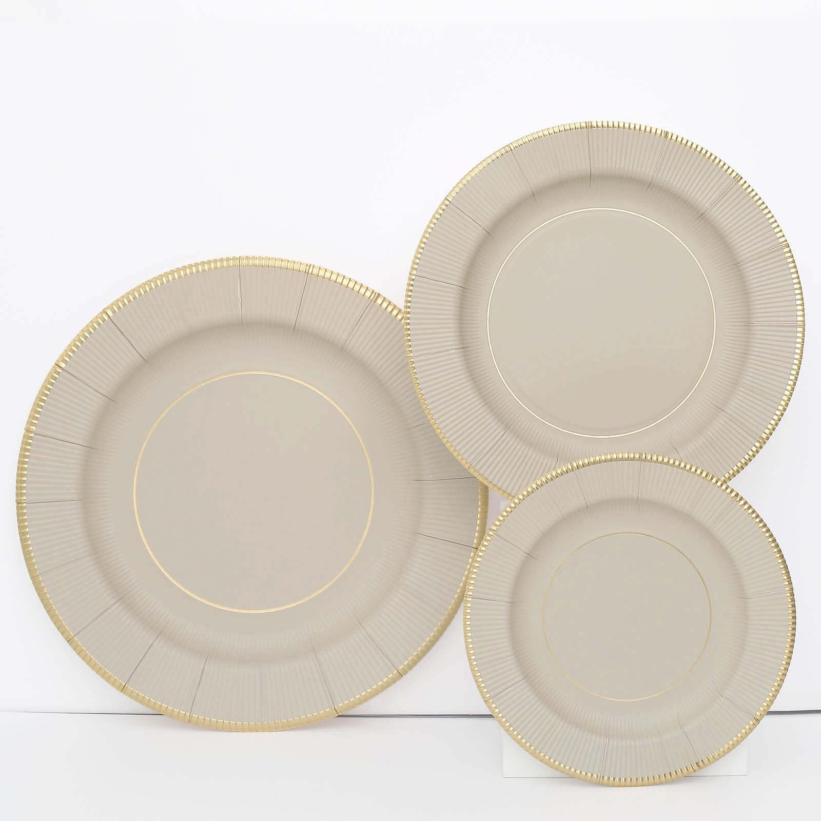 25-Pack Disposable Round Charger Plates in Taupe Sunray Design with Gold Rim - 350GSM Heavy Duty Paper Chargers 13"