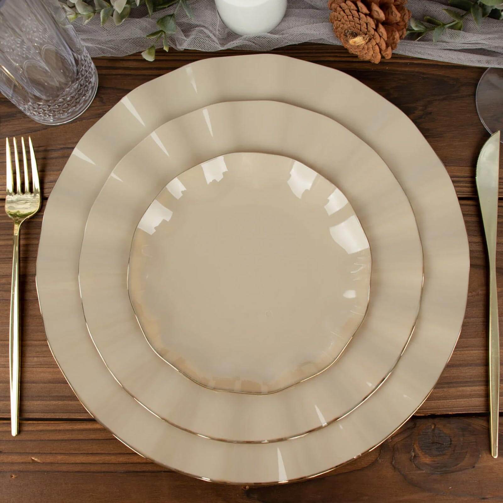 10-Pack Plastic Round 6" Dessert Plates in Taupe Ruffled Rim with Gold Edging - Sturdy Disposable Salad Appetizer Dinnerware