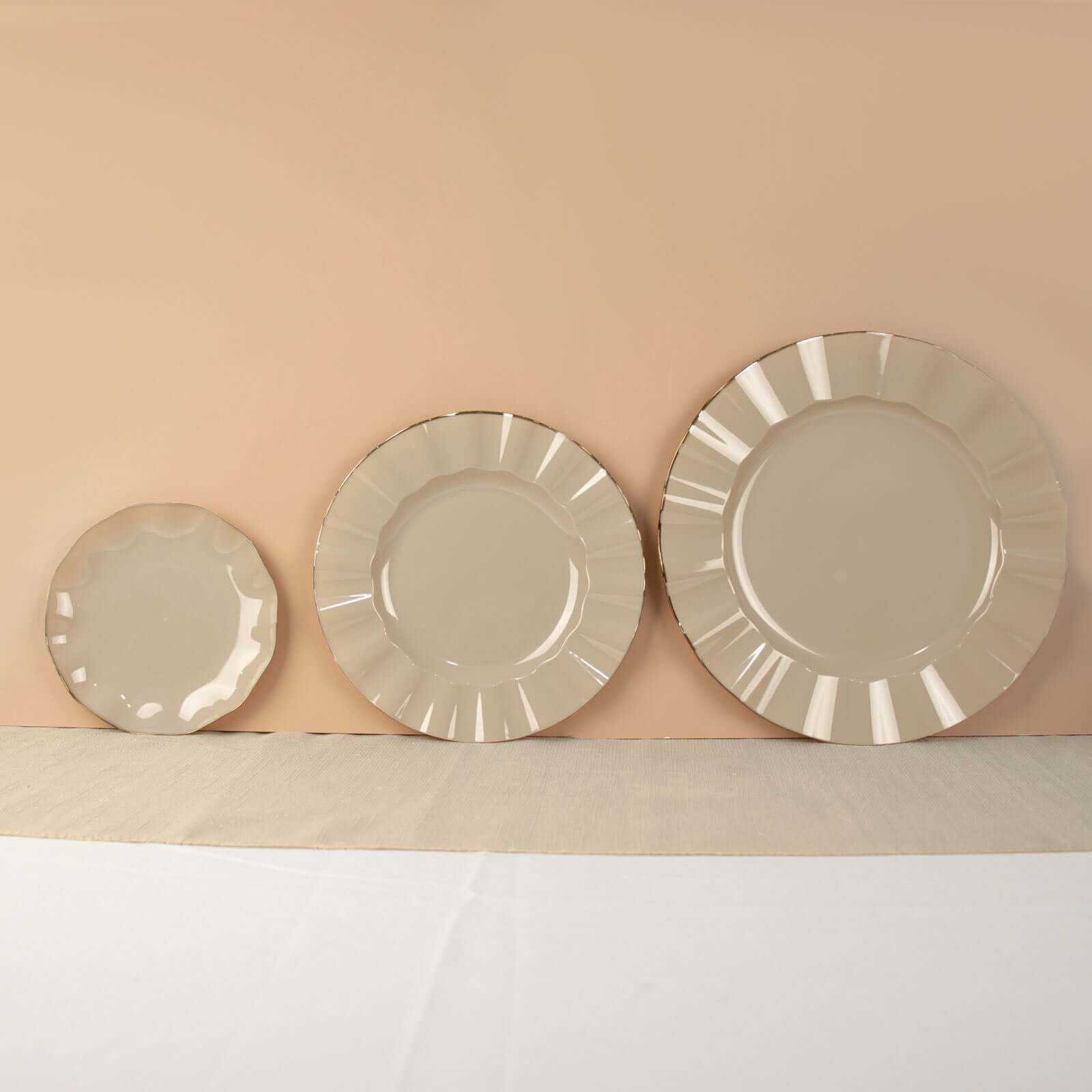 10-Pack Plastic Round 6" Dessert Plates in Taupe Ruffled Rim with Gold Edging - Sturdy Disposable Salad Appetizer Dinnerware