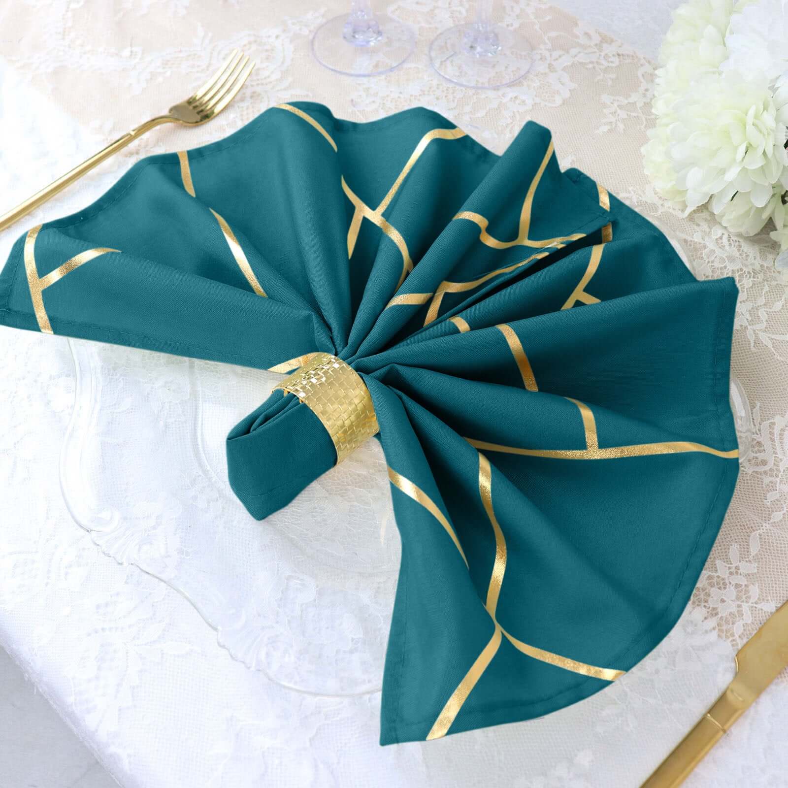 5 Pack Polyester 20"x20" Napkins Peacock Teal with Gold Geometric Foil Pattern - Modern Reusable Dinner Napkins