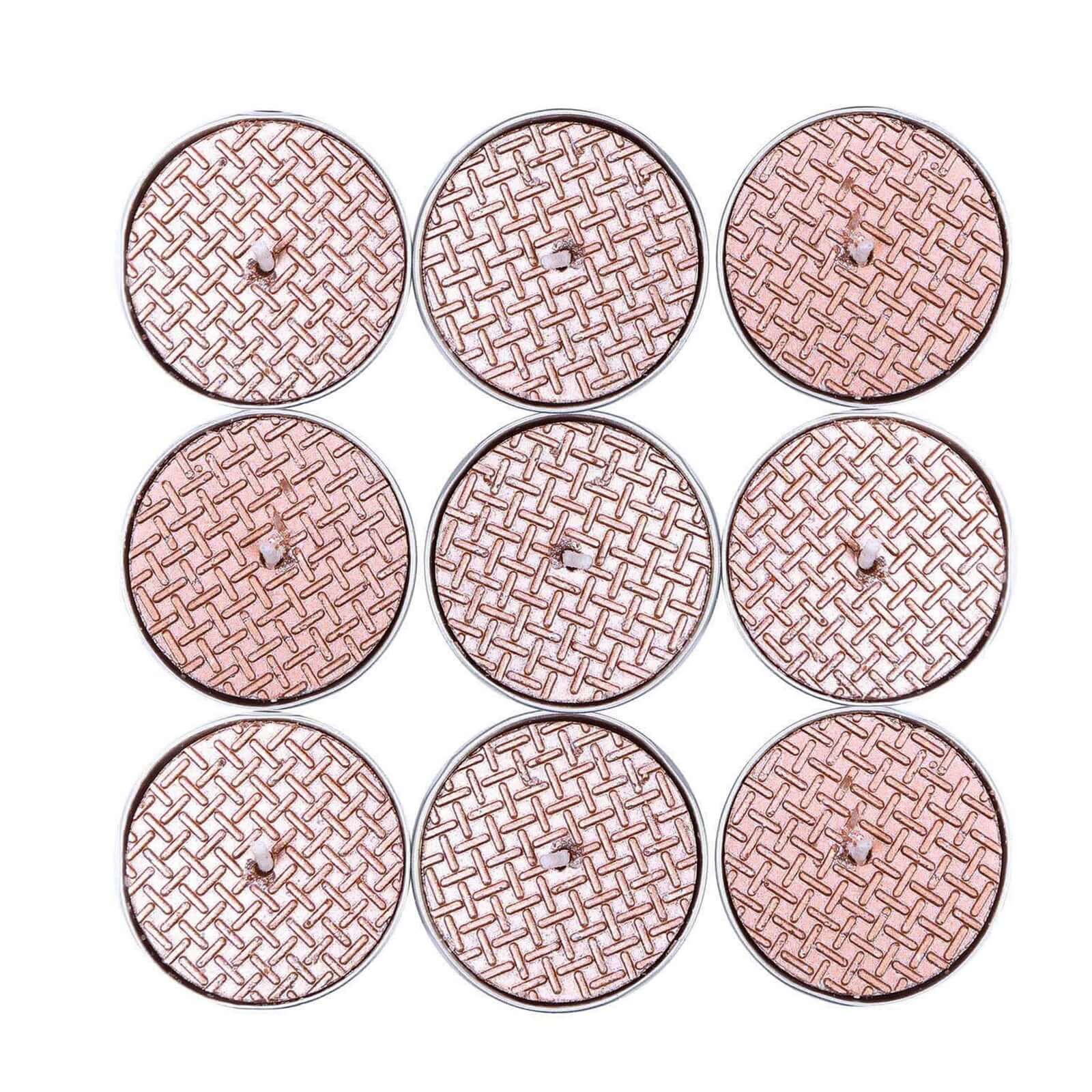 9-Pack Tealight Candles Metallic Rose Gold Textured Design - Unscented Dripless Wax for Events