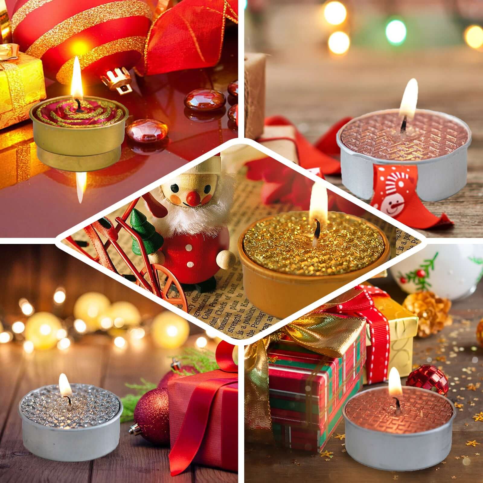 2-Pack Tealight Candles Red/Gold Glitter Rose Design - Unscented Dripless Wax for Romantic Decor