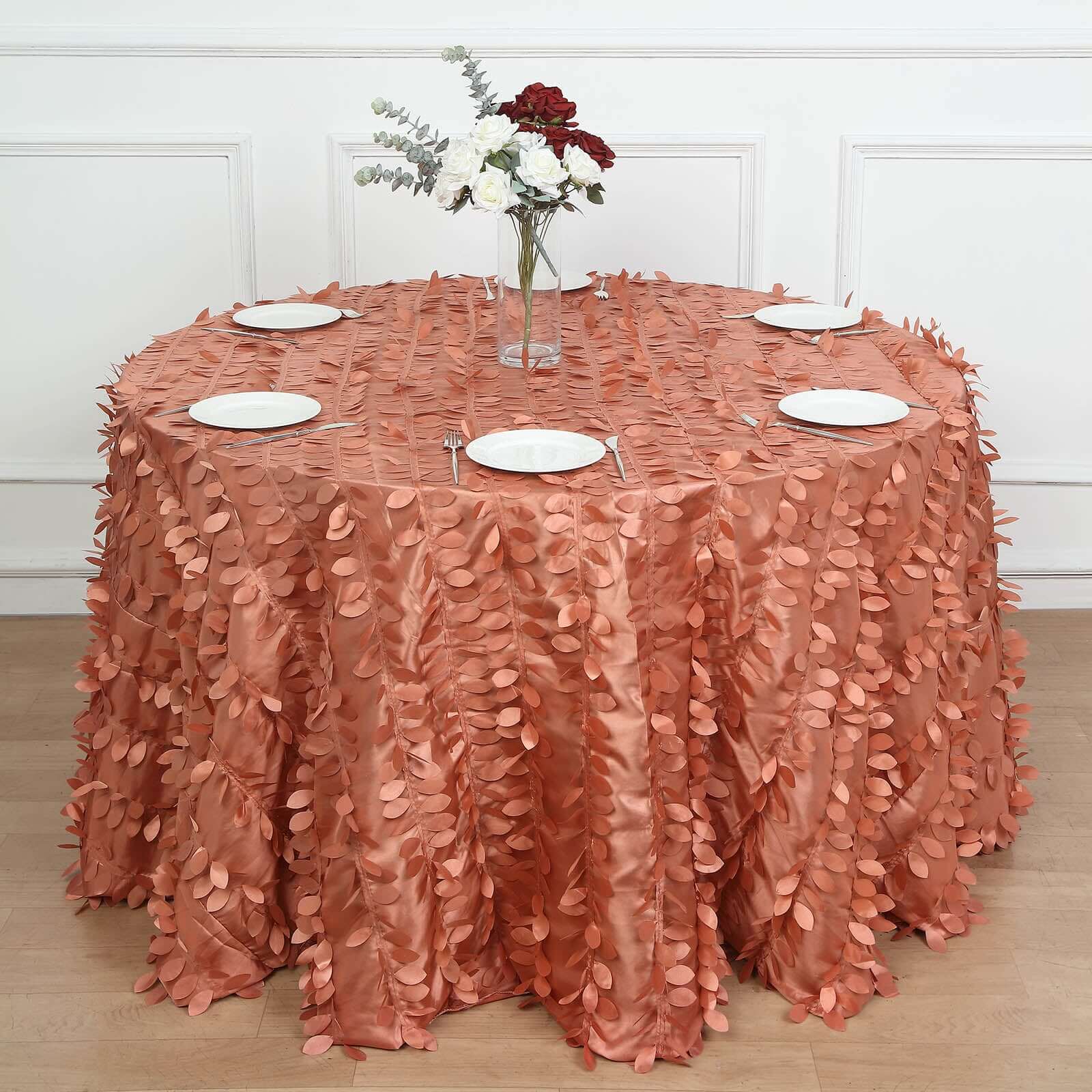 Taffeta 120" Round Tablecloth Terracotta (Rust) Leaf | 3D Leaf Petal Design Seamless Table Cover