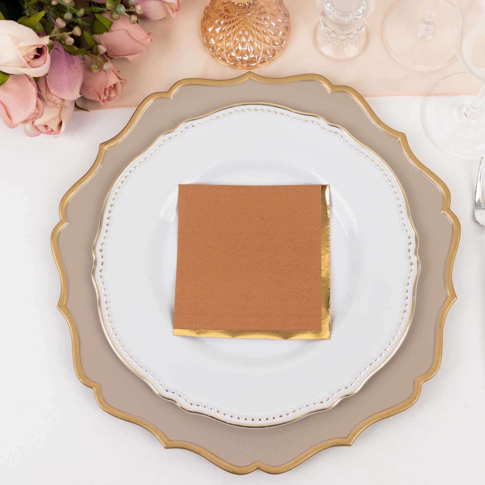 50-Pack Paper Beverage Napkins Terracotta (Rust) with Gold Foil Edge - 2 Ply Disposable Soft 18GSM Cocktail Napkins 5"x5"