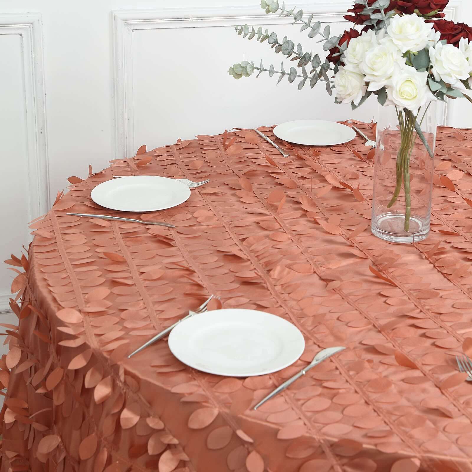 Taffeta 120" Round Tablecloth Terracotta (Rust) Leaf | 3D Leaf Petal Design Seamless Table Cover