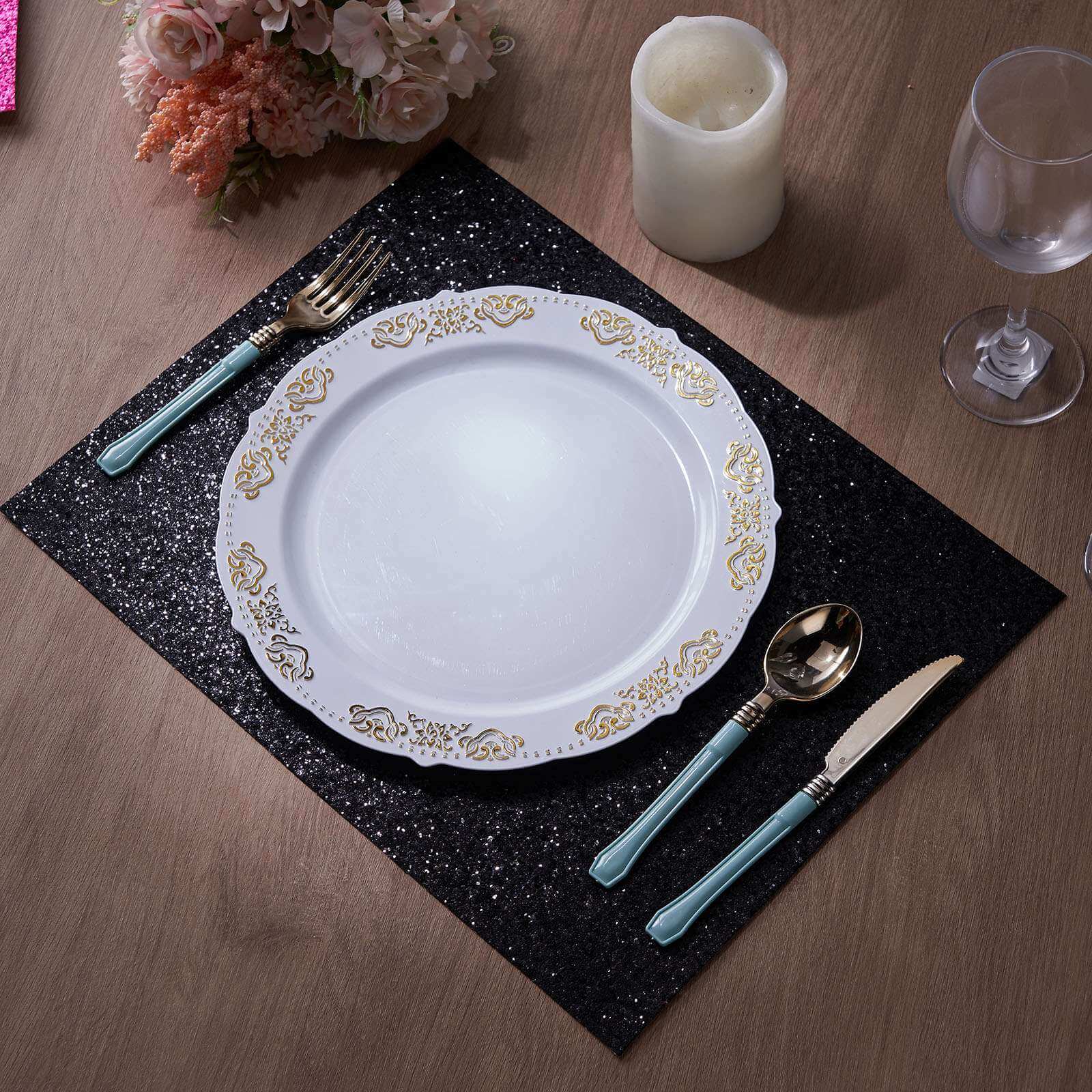 6-Pack Placemats Glitter Design Black Sparkle Rectangle - Non-Slip Decorative Dining Table Mats 12"x18"