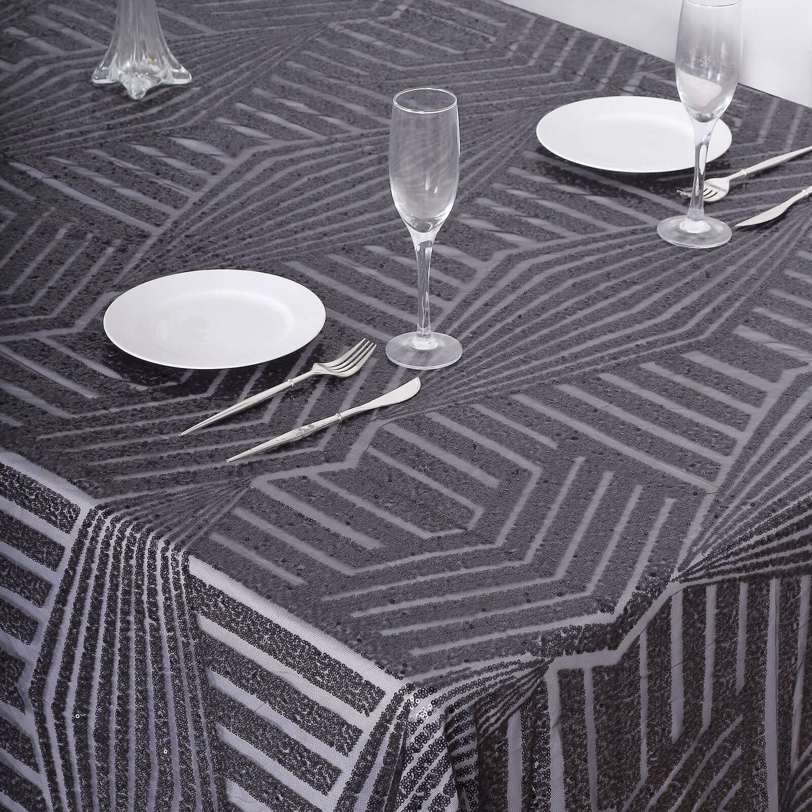 Sequin 90"x132" Rectangle Tablecloth Black - Seamless Diamond Table Cover
