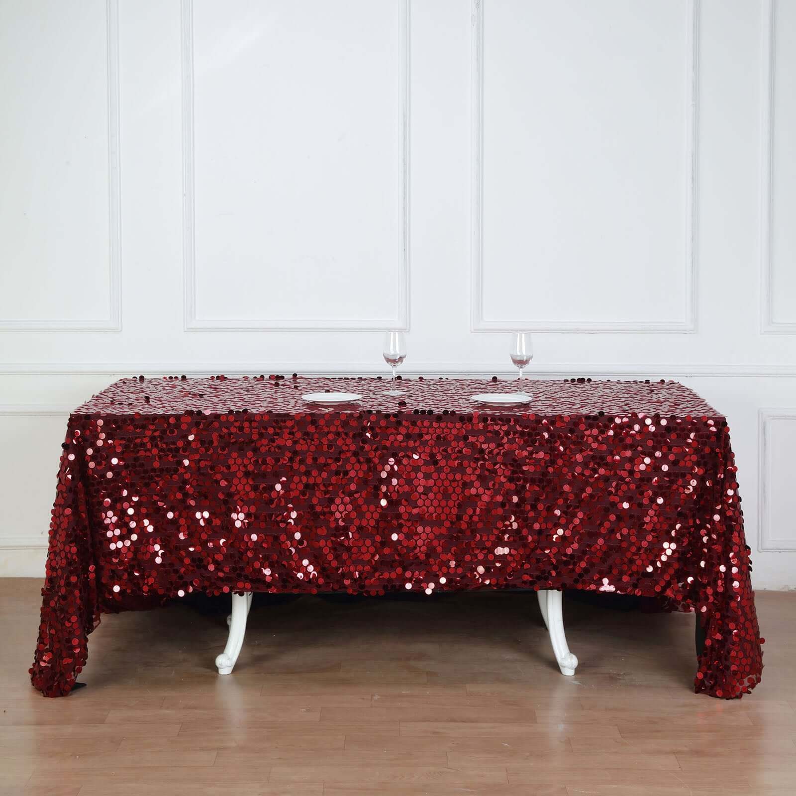 Sequin 90"x132" Rectangle Tablecloth Burgundy - Seamless Big Payette Design for Sophisticated Occasions
