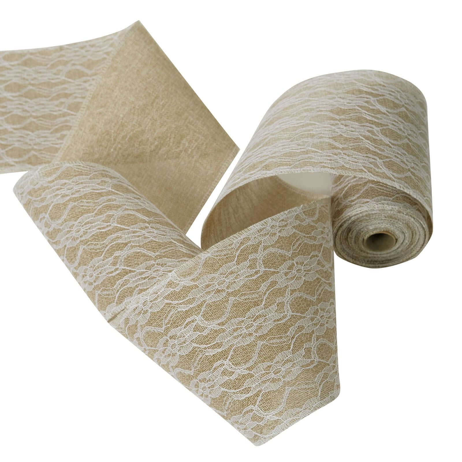 6"x10 Yards Natural Jute Burlap Ribbon with Lace Overlay
