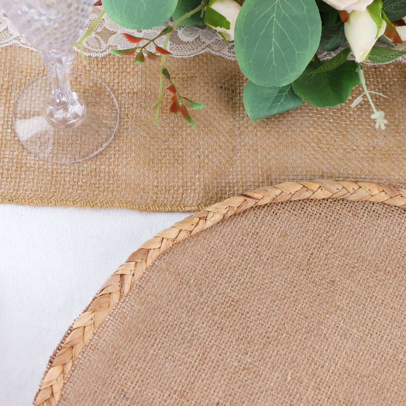 4-Pack Placemats Braided Edge Design Natural Burlap Jute Round - Rustic Farmhouse Style with Trim 15"