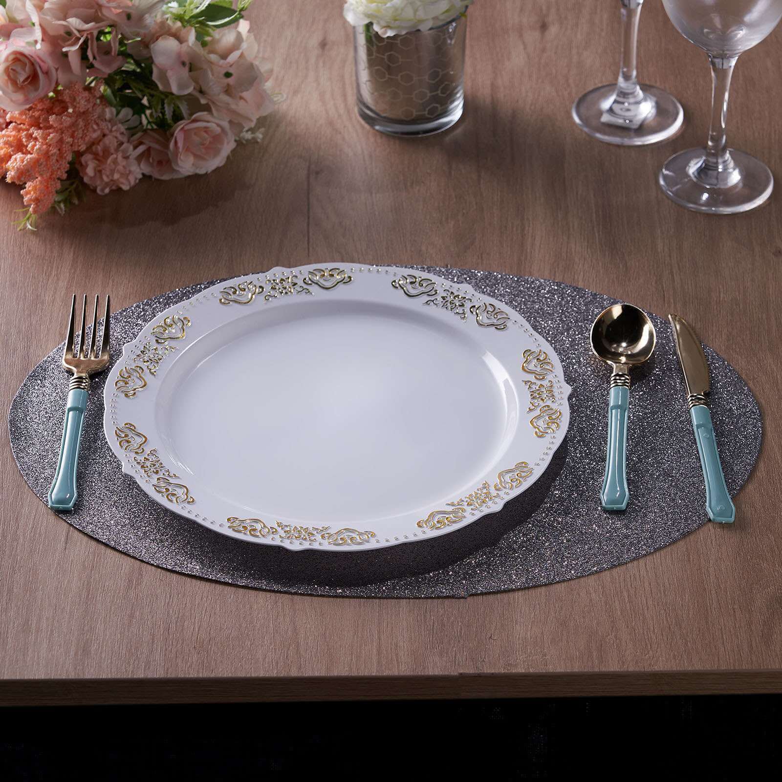 6-Pack Placemats Glitter Design Charcoal Gray Sparkle Oval - Non-Slip Decorative Table Mats for Dining 12"x18"
