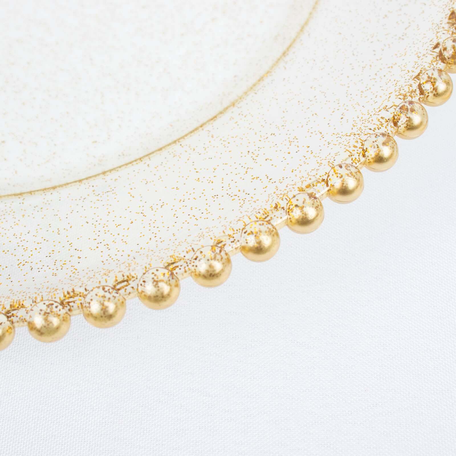 6-Pack Acrylic Round Charger Plates 13" in Clear Gold Glittered with Beaded Rim, Decorative Dinner Party Serving Plates