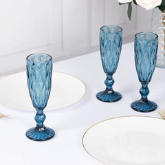 6-Pack Champagne Flute Glasses Transparent Ocean Blue Textured Crystal Cut Design - Chic Wine Goblets for Parties & Events 6oz 8"