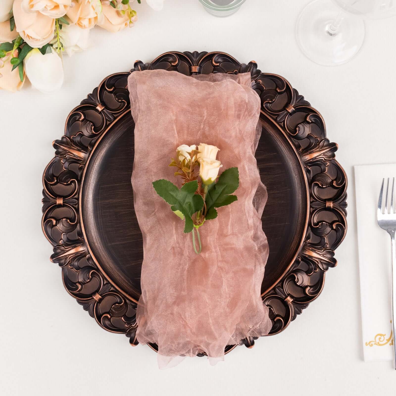 5 Pack Crinkled Organza 21"x21" Napkins Dusty Rose - Rustic Style Dinner & Party Napkins