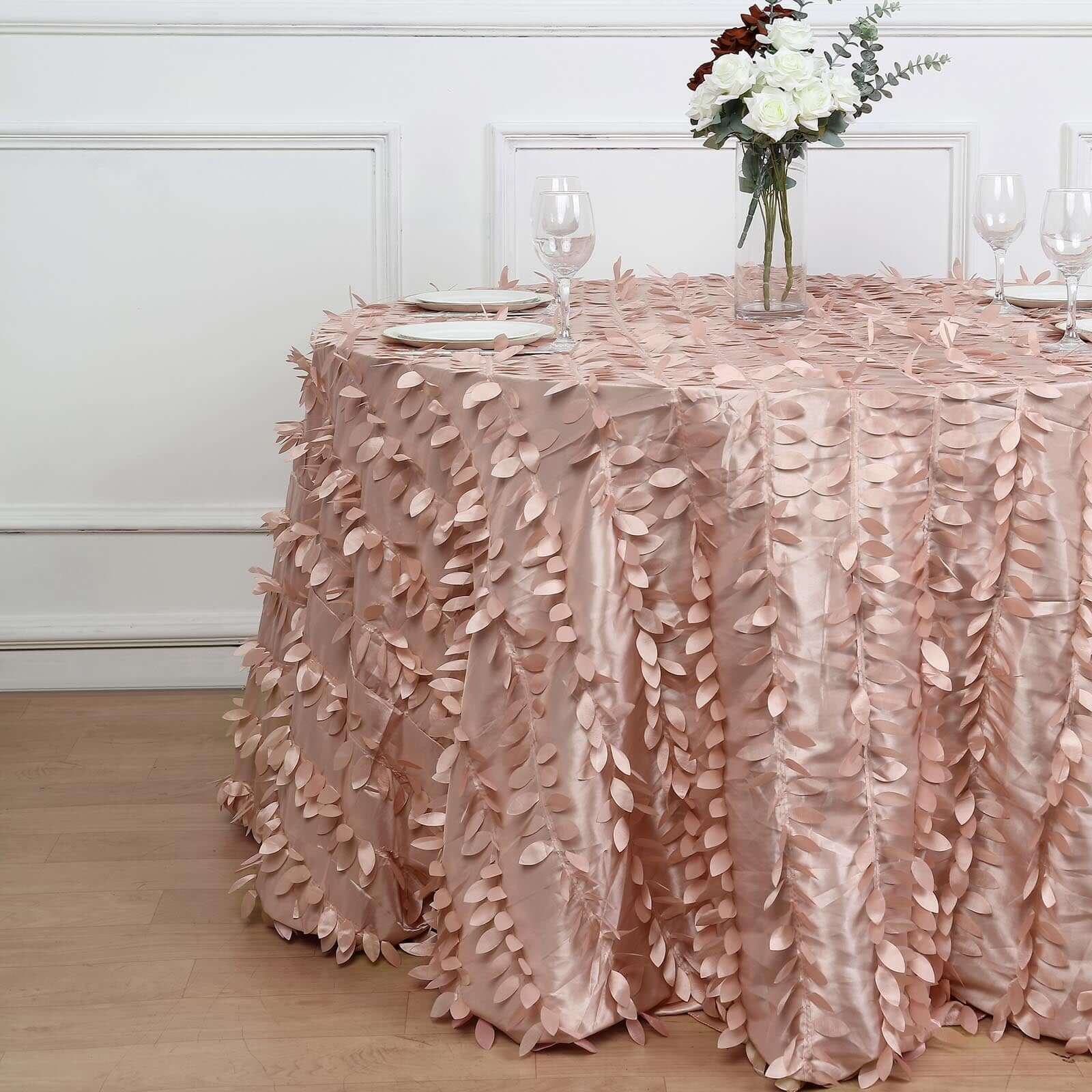 Taffeta 120" Round Tablecloth Dusty Rose | 3D Leaf Petal Design Seamless Table Cover