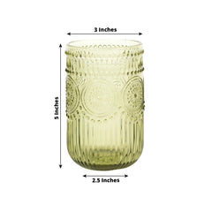 6-Pack Glass Tumblers Dusty Sage Green Vintage Embossed Design with Textured Floral Pattern - Highball Glasses for Drinks & Parties 14oz