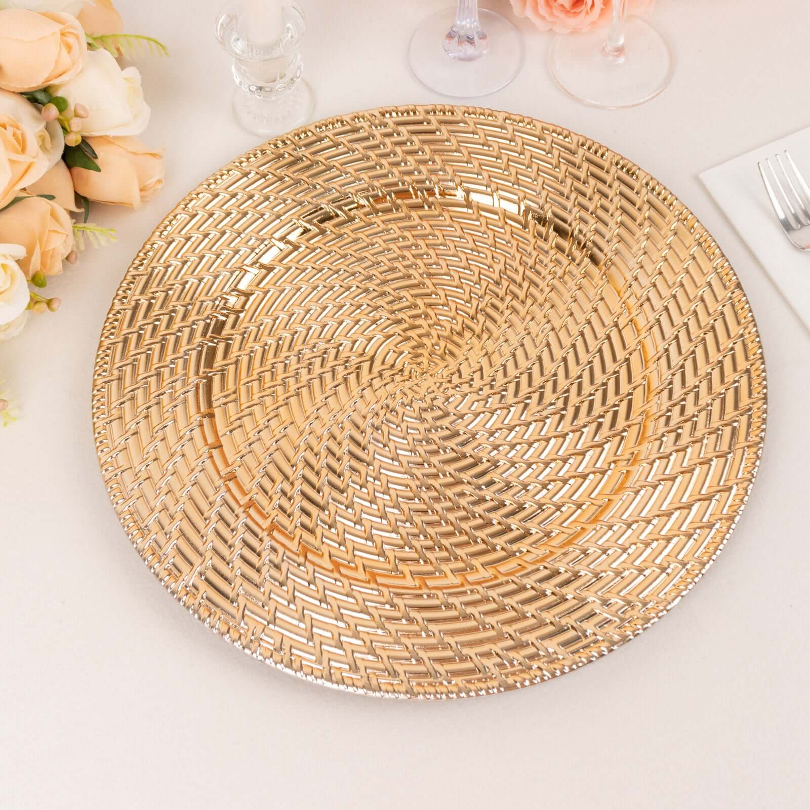 6-Pack Acrylic Round Charger Plates 13" in Metallic Gold with Swirl Rattan Pattern, Farmhouse Plastic Charger Tableware