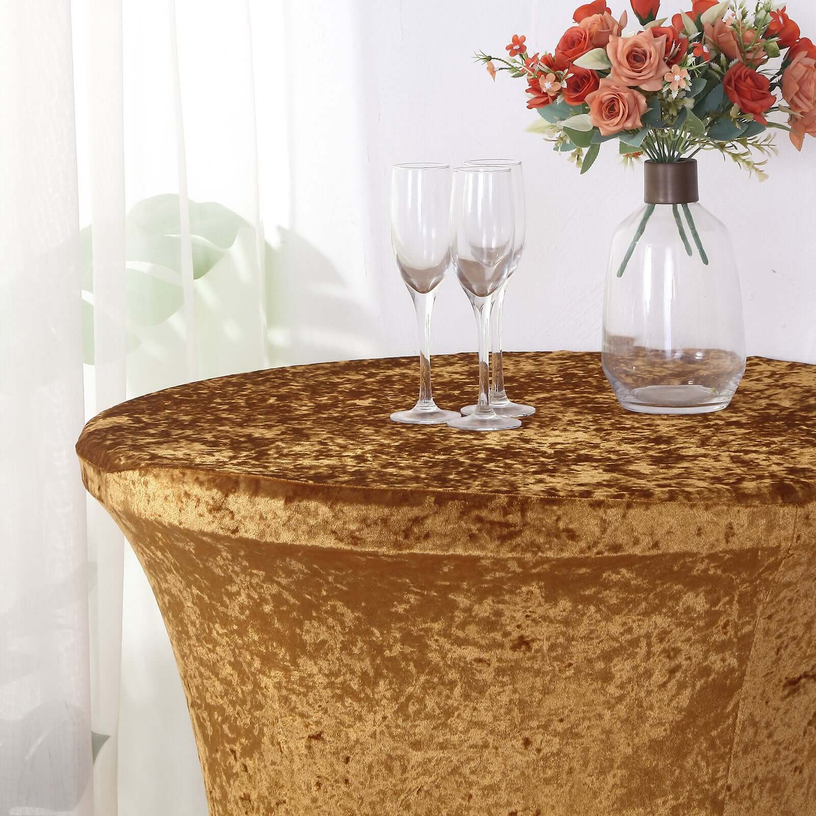 Crushed Velvet Spandex 32" Round Cocktail Table Cover Gold Smooth Highboy Tablecloth