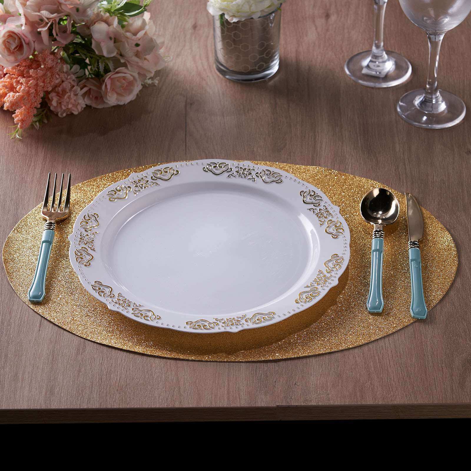 6 Pack Champagne Sparkle Vinyl Placemats, Non Slip Decorative Oval Glitter Table Mat