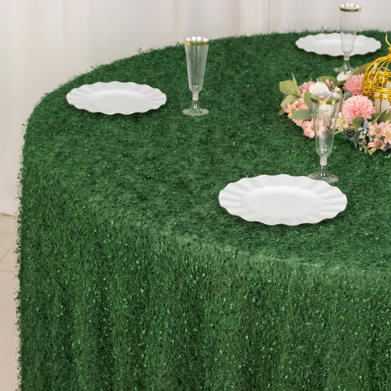 Polyester 120" Round Tablecloth Green with Shaggy Fringe Table Cover