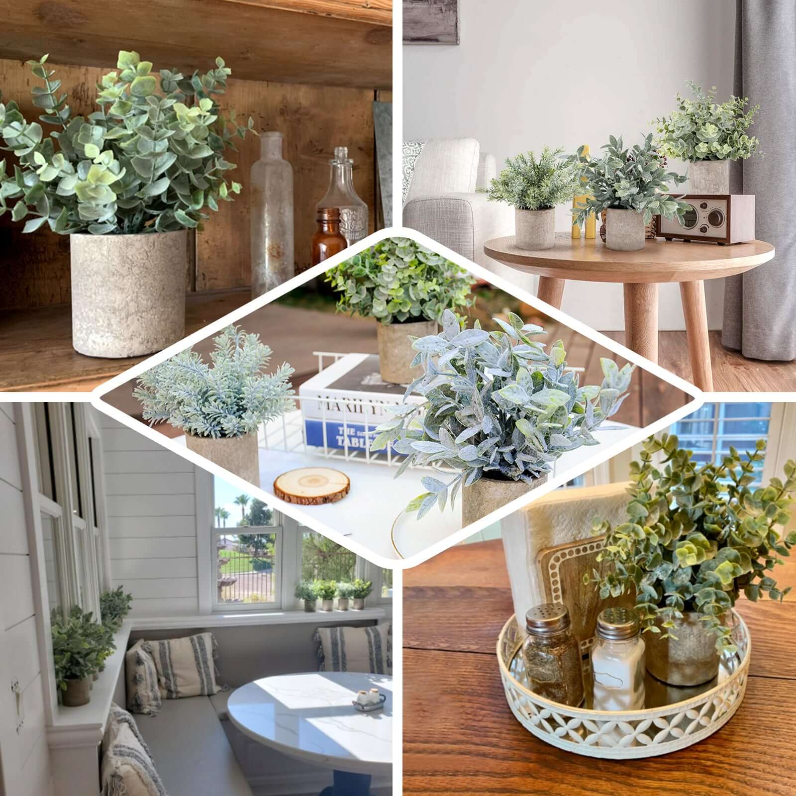 3 Plant Set Mini Potted Artificial Eucalyptus, Rosemary and Boxwood Faux Planter Collection - Small Decorative Faux Herb Garden for Desk Countertops Table Shelf Display 9"