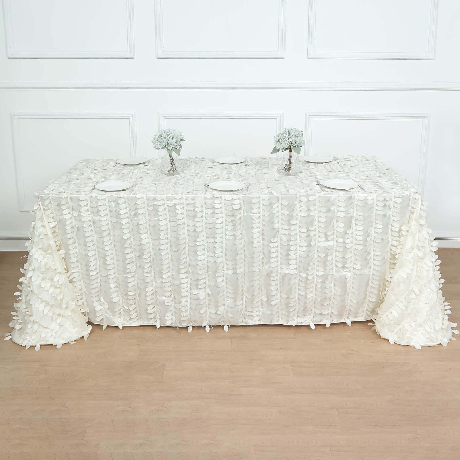 Taffeta 90"x132" Rectangle Tablecloth Ivory | 3D Leaf Petal Design Seamless Table Cover