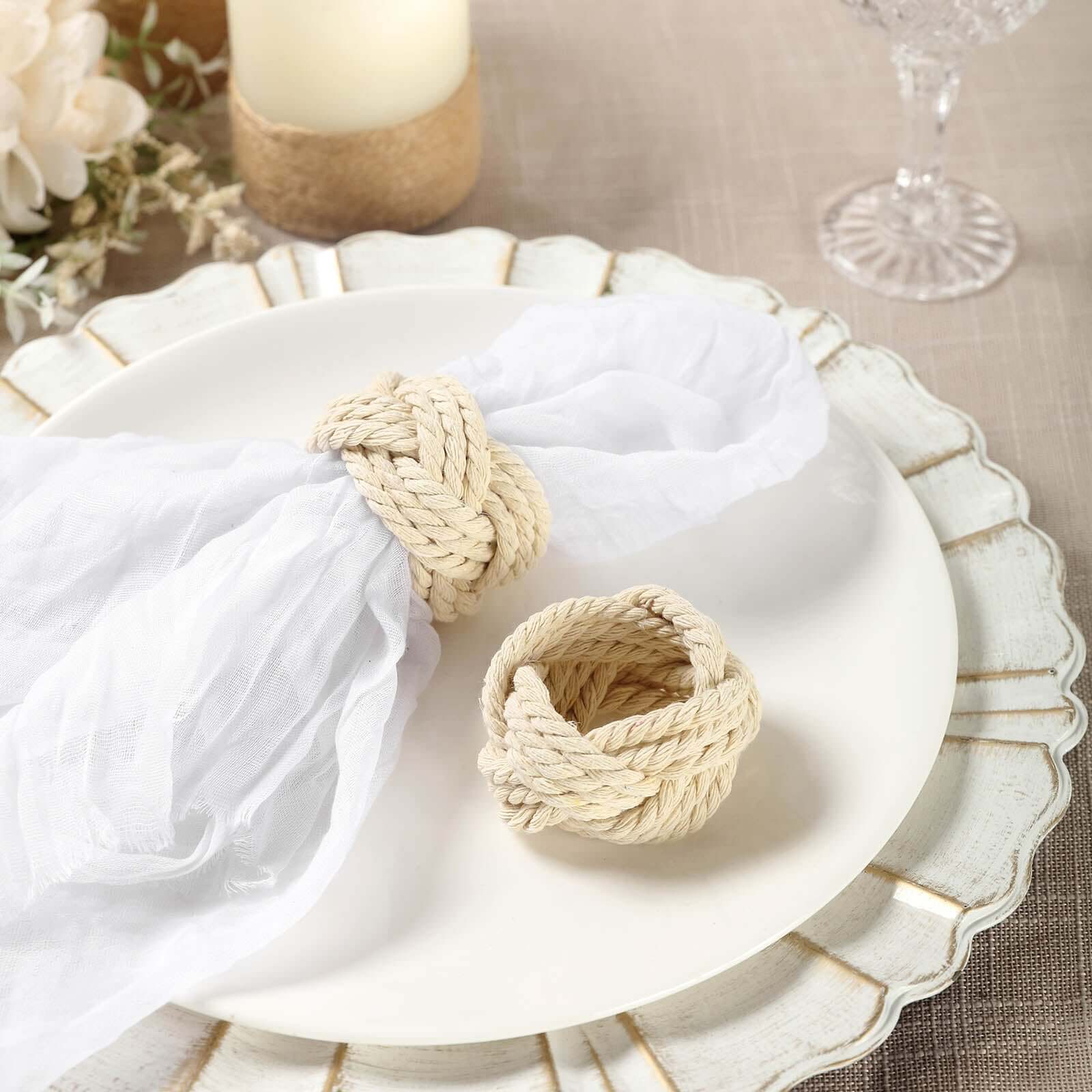 4 Pack Rustic Cream Burlap Napkin Rings, Handmade Braided Jute Napkin Holders