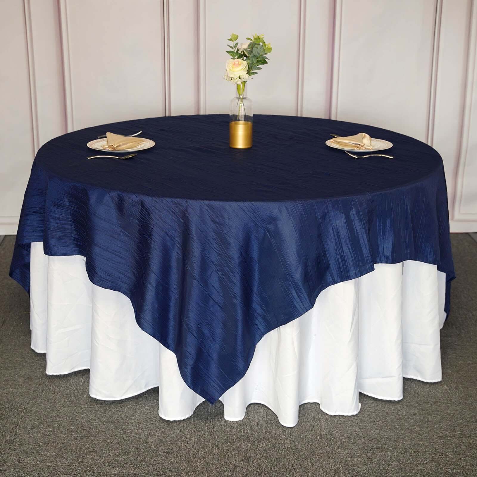 Taffeta 90"x90" Table Overlay Square Tablecloth Navy Blue - Accordion Crinkle Table Cover