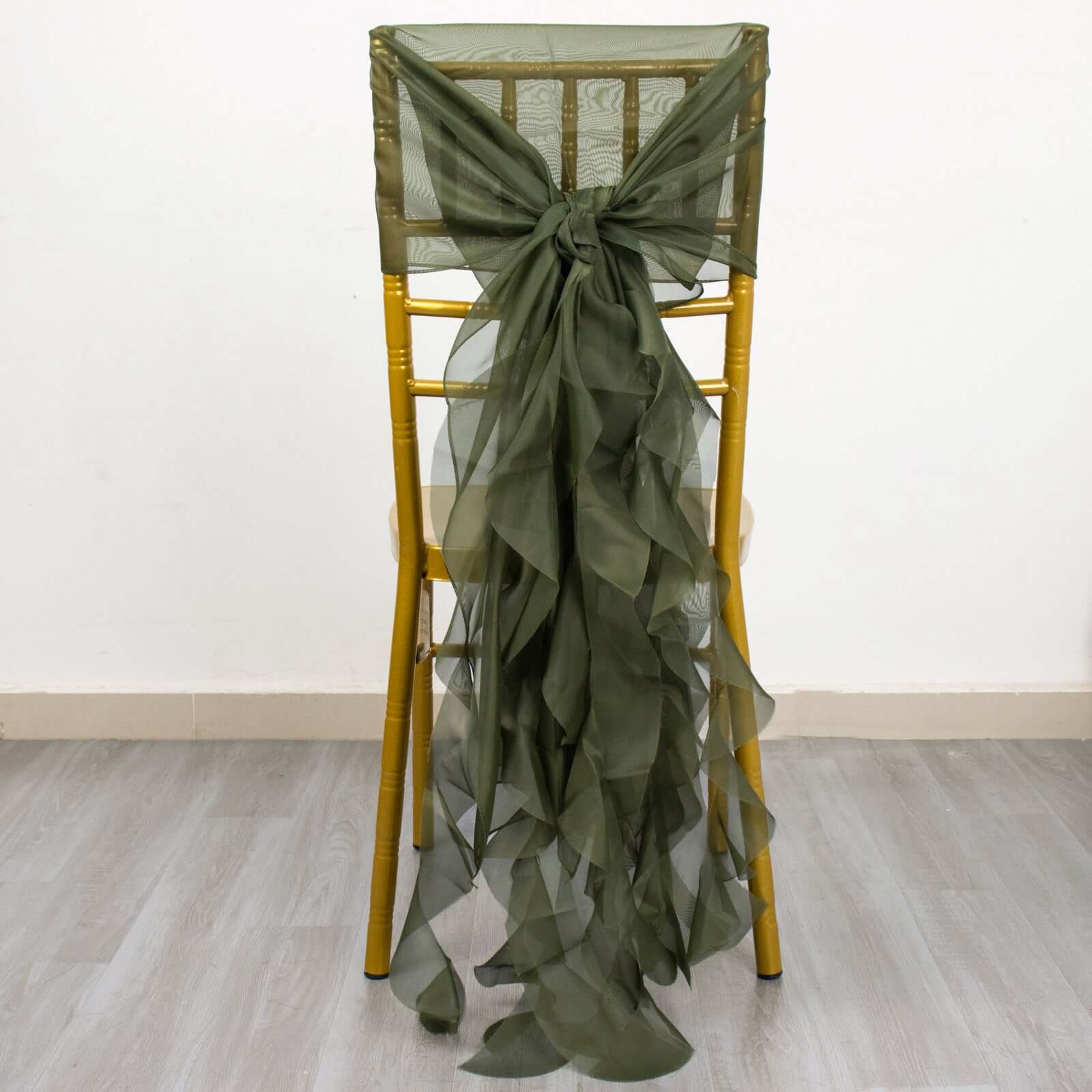 Chiffon Chair Sash with Curly Design Olive Green - Stylish Chair Decorations