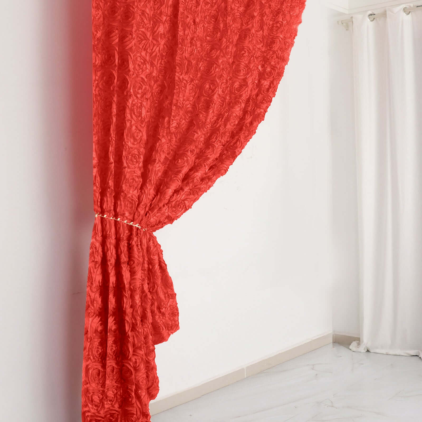 8ftx8ft Red Satin Rosette Event Curtain Drapes, Backdrop Event Panel