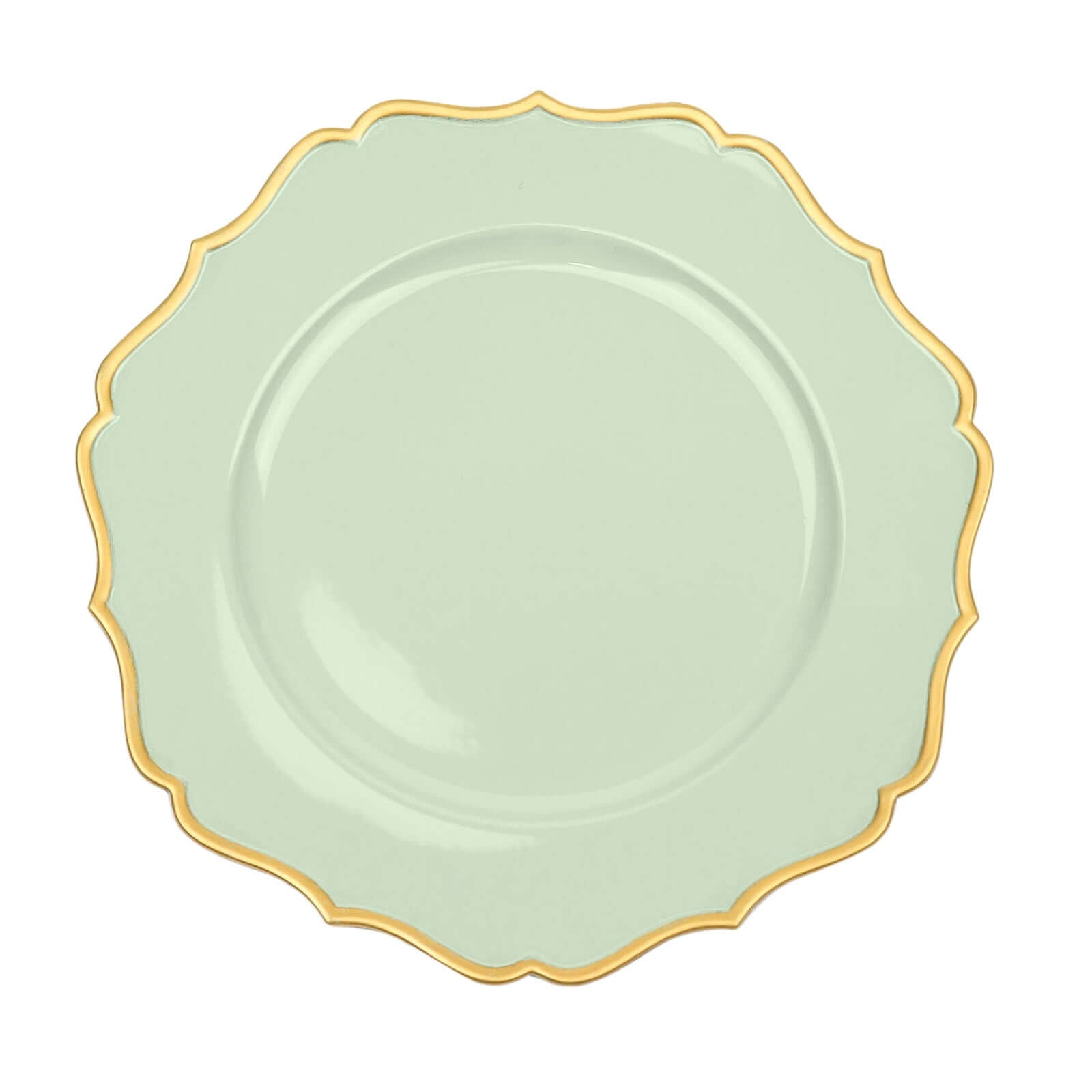 6-Pack Acrylic Round Charger Plates 13" in Sage Sage Green with Gold Scalloped Rim, Decorative Dinner Party Plastic Charger Tableware