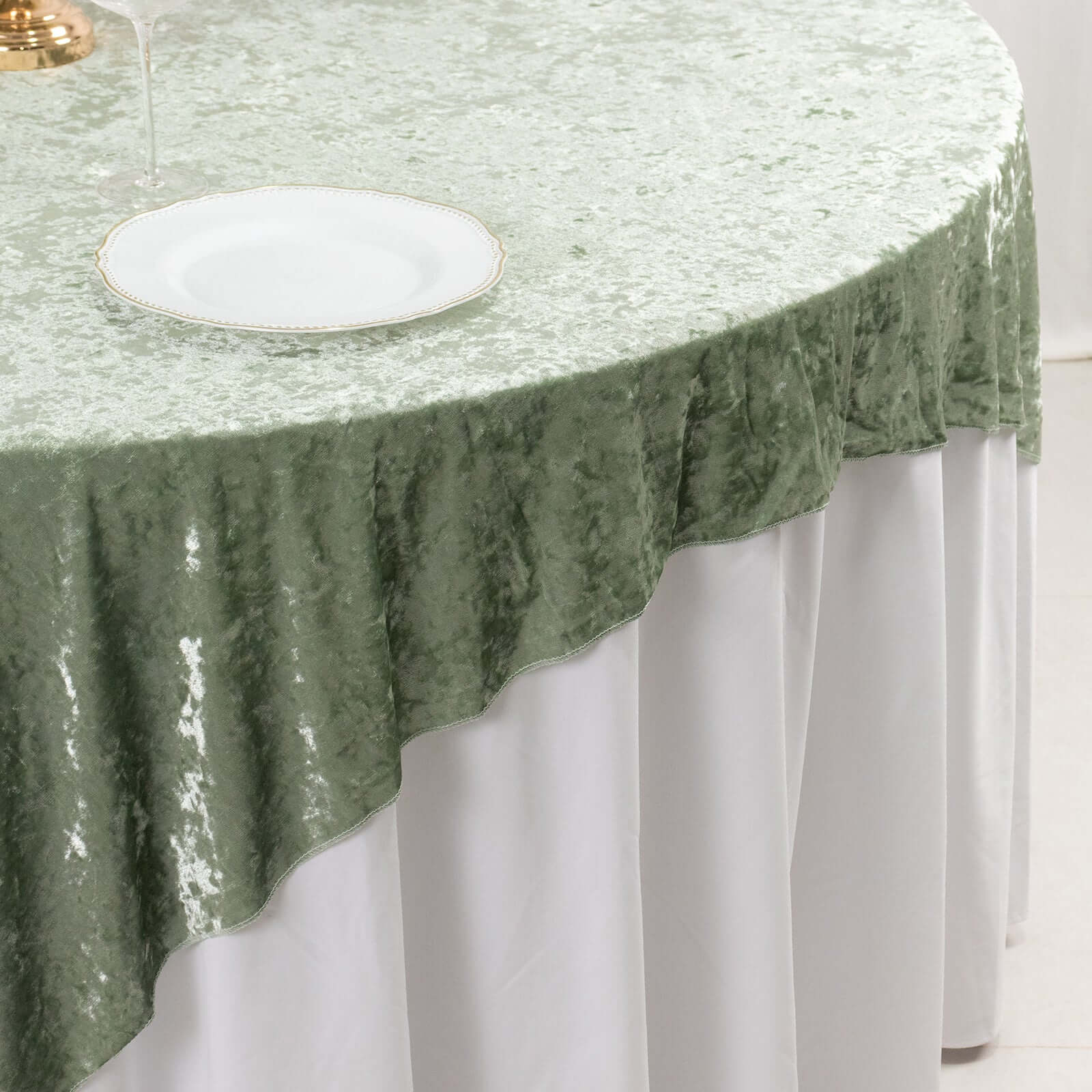 Velvet 72"x72" Table Overlay Square Tablecloth Sage Green - Premium Crushed Design for Stylish Celebrations