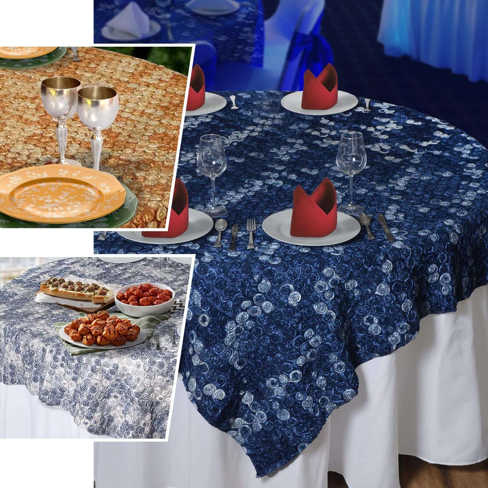 Satin 72"x72" Table Overlay Black 3D Mini Rosette Design - Sophisticated Decor for Special Events