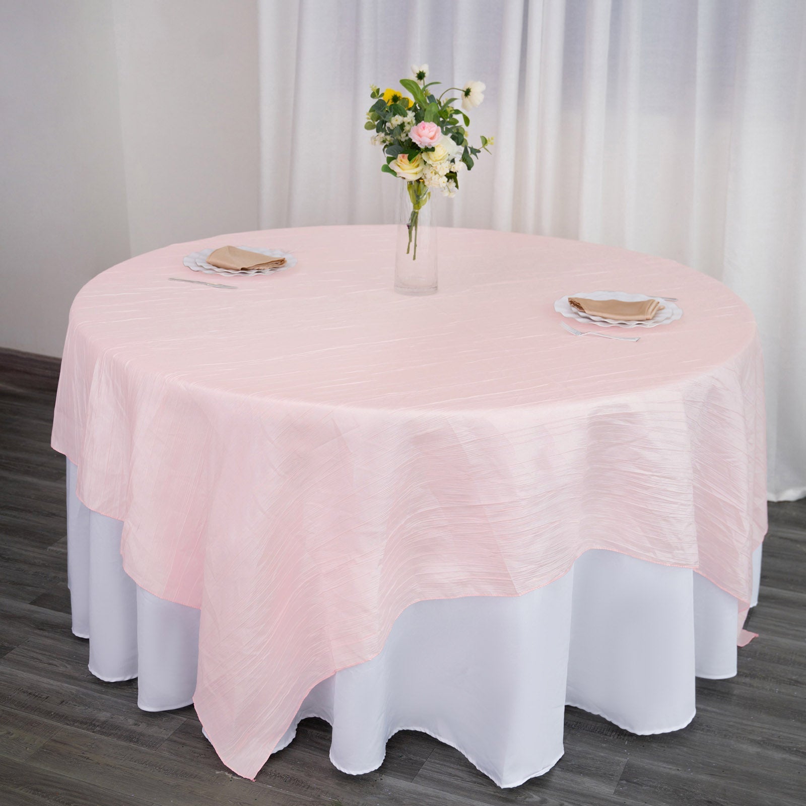 Taffeta 90"x90" Table Overlay Square Tablecloth Blush- Accordion Crinkle Table Cover