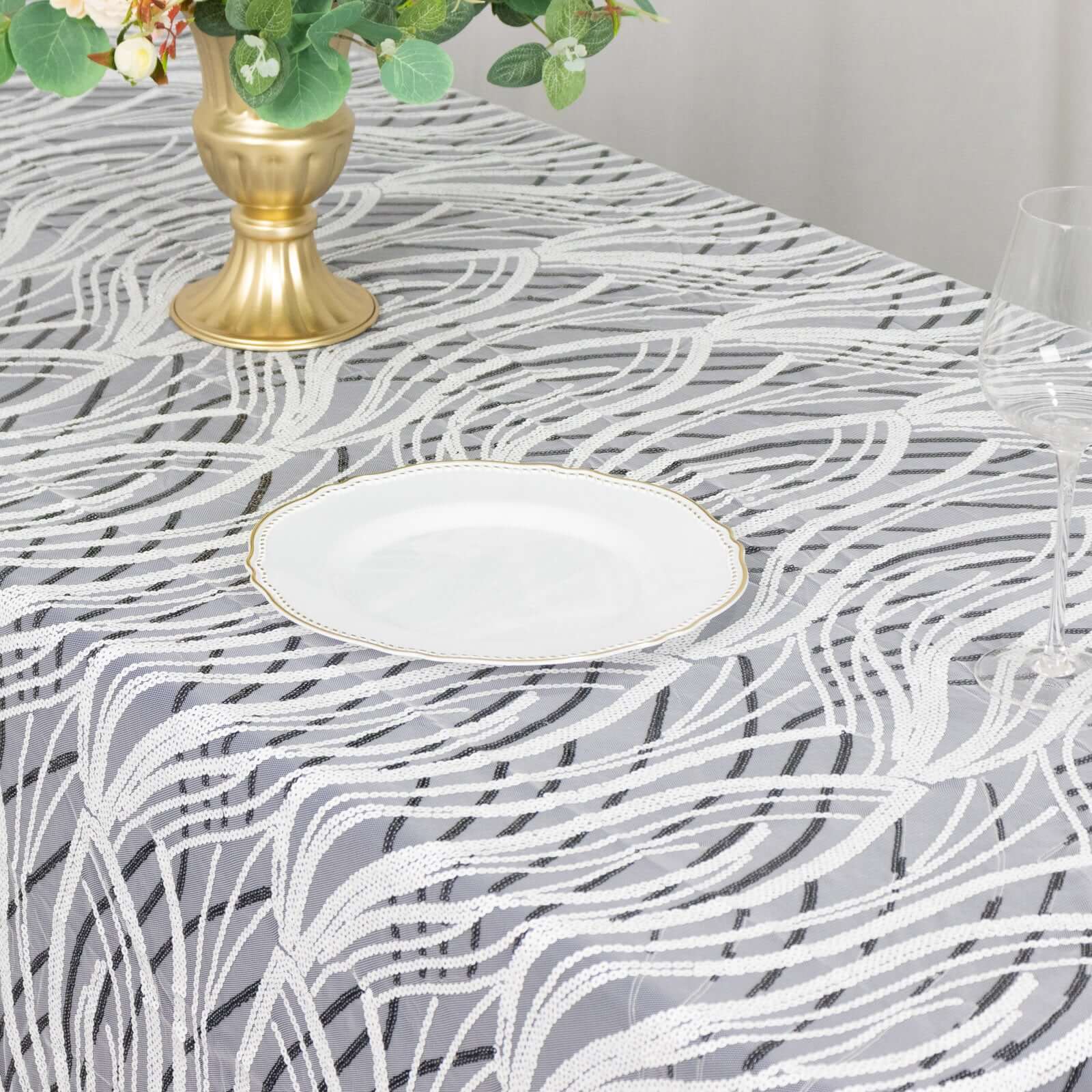 Mesh 90"x156" Rectangle Tablecloth White Black - Wave Sequin Embroidered Table Cover
