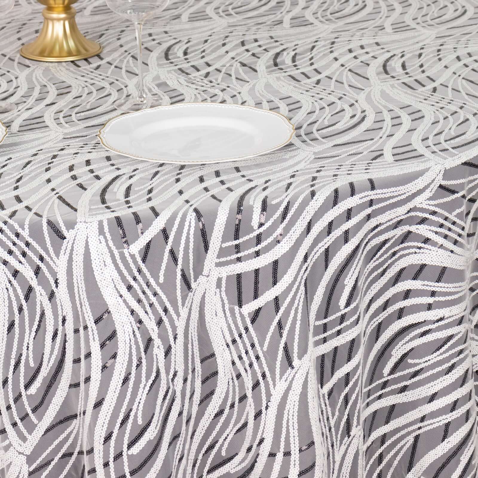 Sequin Mesh 120" Round Tablecloth White Black - Seamless Wave Embroidered Table Cover