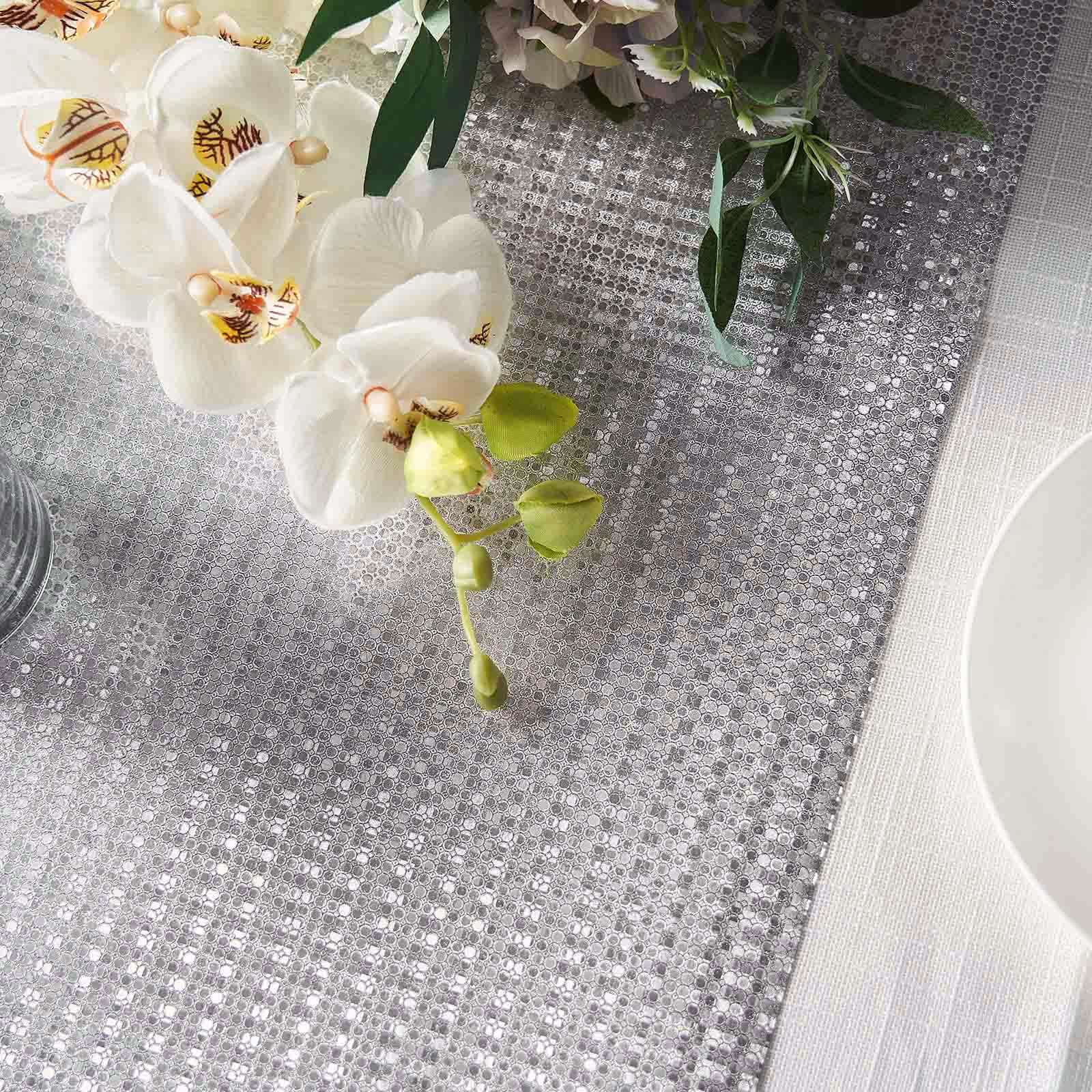 9ft Silver Glamorous Sequin Print Table Runner, Disposable Paper Table Runner