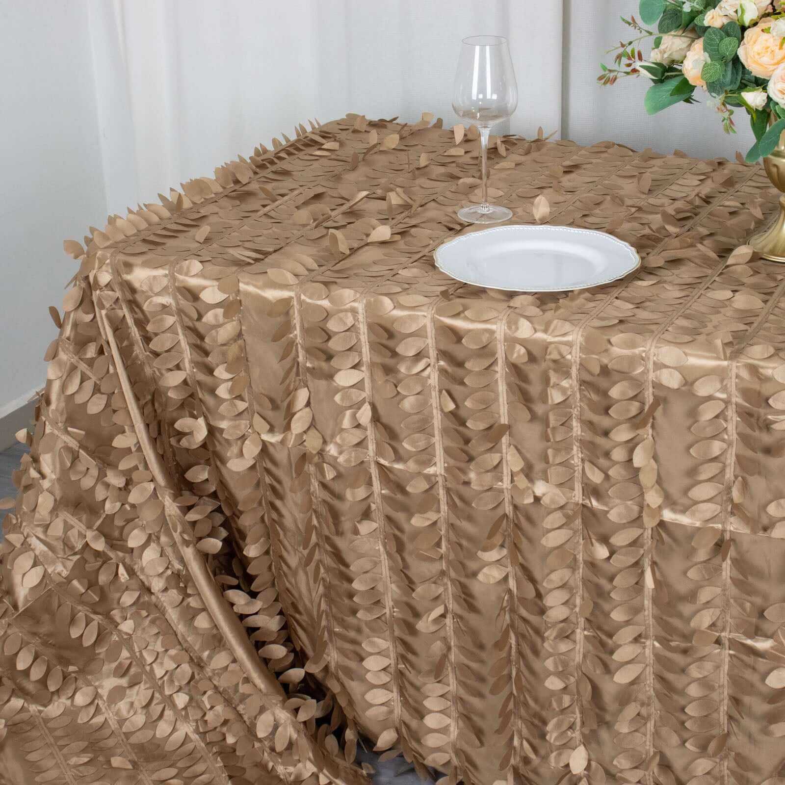 Taffeta 90"x132" Rectangle Tablecloth Taupe | 3D Leaf Petal Design Seamless Table Cover