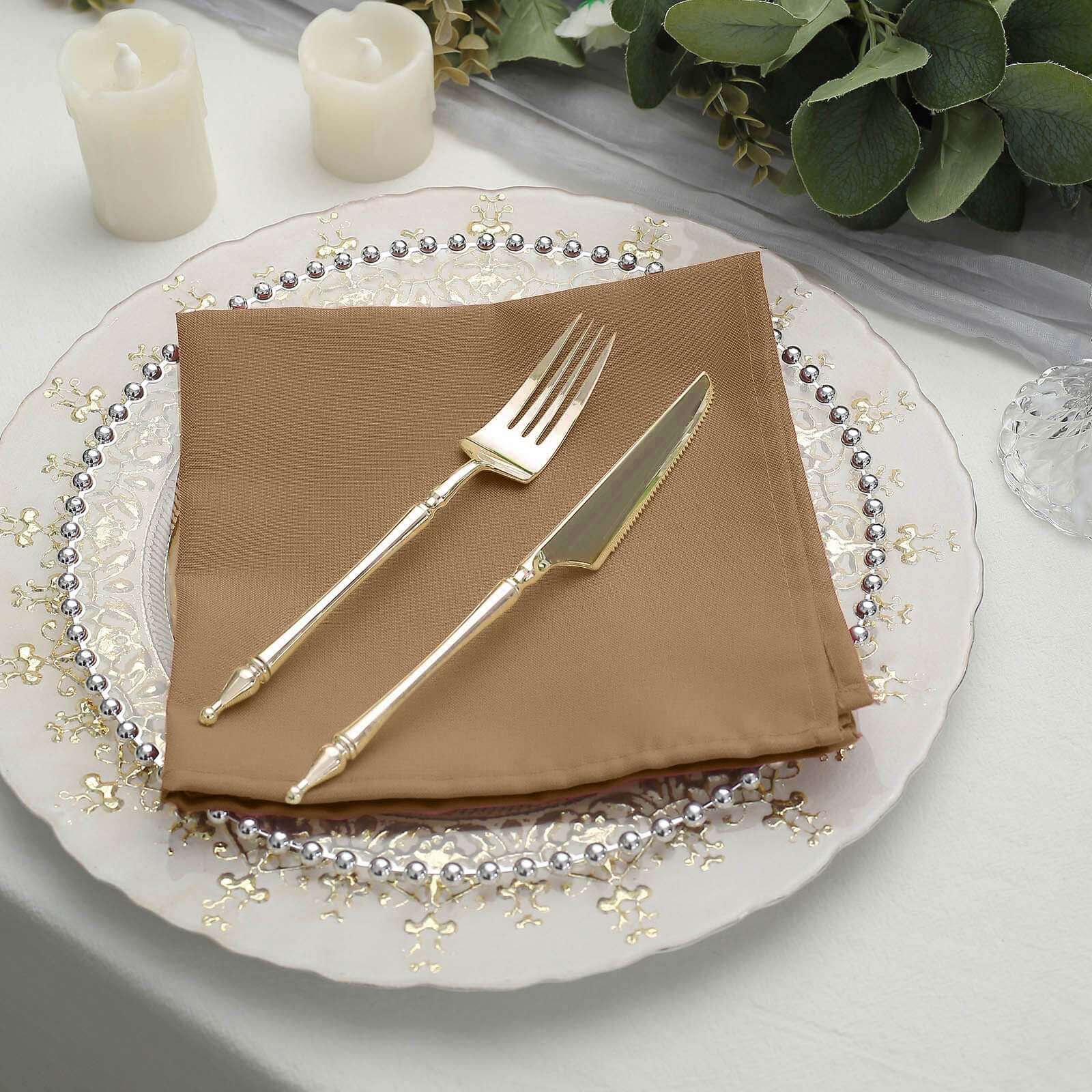 5 Pack Polyester 17"x17" Napkins Taupe - Durable & Wrinkle Resistant Dinner Napkins
